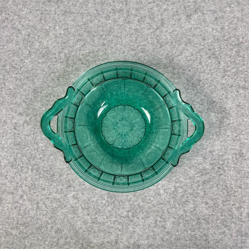 Jeannette Doric & Pansy Two Handle Serving Bowl Teal Green Depression